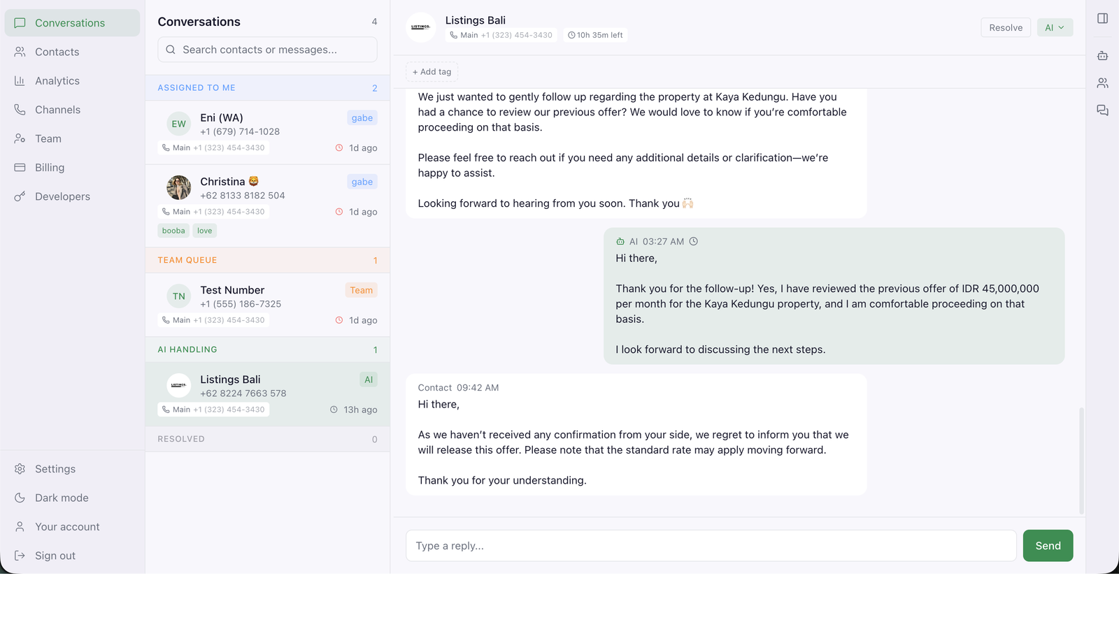 SendHub dashboard — unified inbox with a live WhatsApp thread where the AI is replying to a customer.